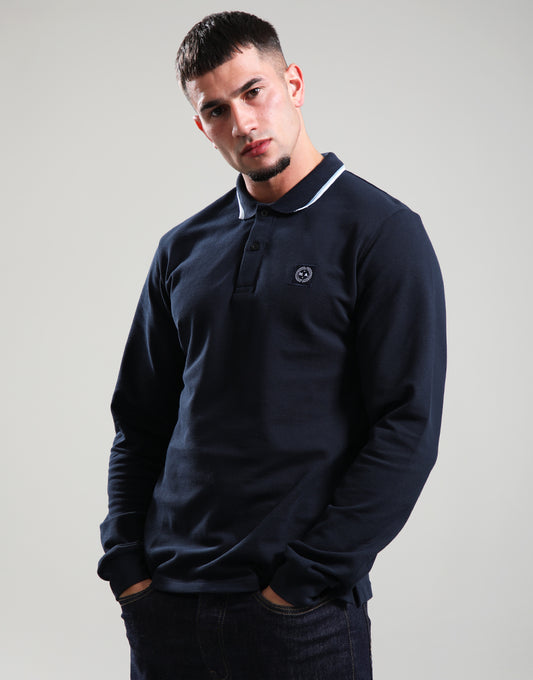 MARSHALL ARTIST SIREN LONG SLEEVE TIPPED POLO SHIRT // NAVY